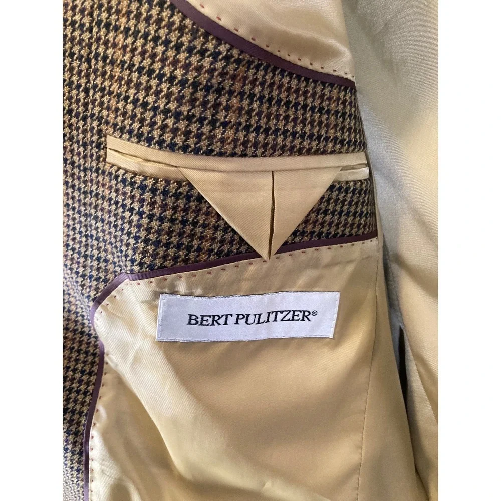 Dark Academia‎ Bert Pulitzer Mens 42L Brown Lambswool Houndstooth Blazer Jacket